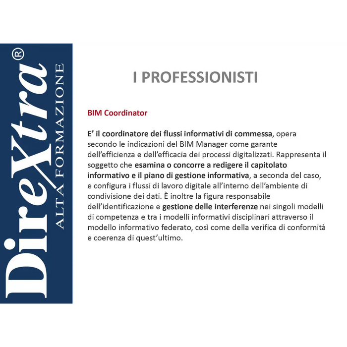 Descrizione del ruolo del BIM Coordinator in italiano e inglese per certificazione BIM