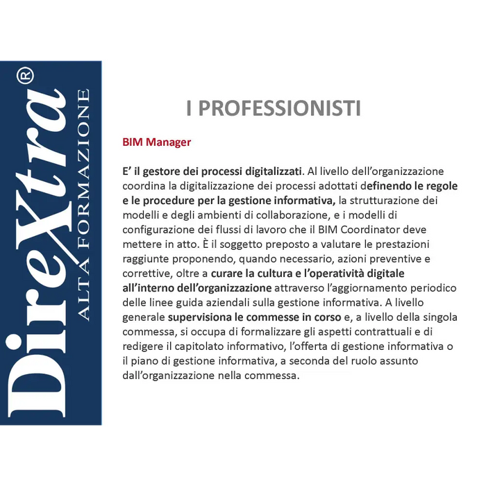 Descrizione lavoro per BIM Manager su sfondo blu nel contesto di certificazione BIM