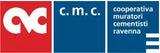 Logo con sezioni rosse e blu con il testo 'c.m.c.' e 'cooperativa muratori cementisti ravenna'.