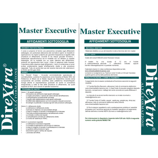 Due pagine del Master Executive Affidamenti Appalti Sottosoglia, corso gare sotto soglia